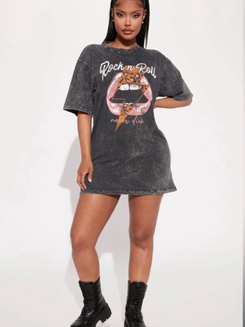 Fashion Nova Black Graphic 'Rock n Roll' Tee Dress with Pink & Leopard Print